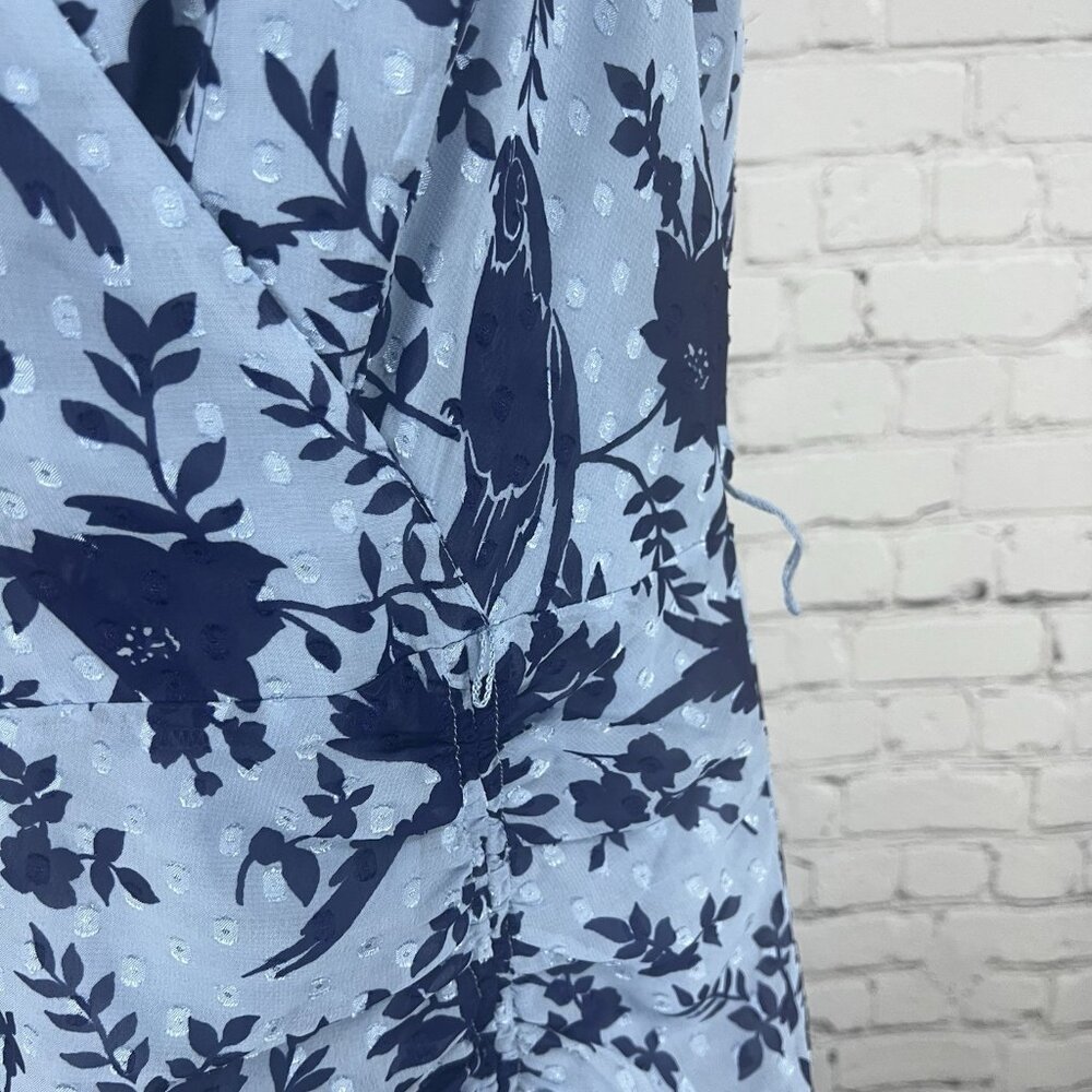 Eliza J Blue Macaw Bird Floral Sleeveless Textured Ruching Midi Trumpet Dress 8 - Picture 8 of 13